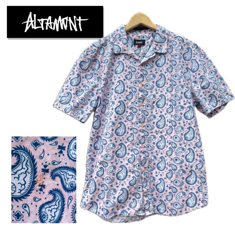 Altamont Men's Pink Blue Eyeball Paisley Print Short sleeve button up shirt Lg